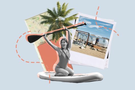 Woman using surfing board, photos of AutoCamp, passport and map background