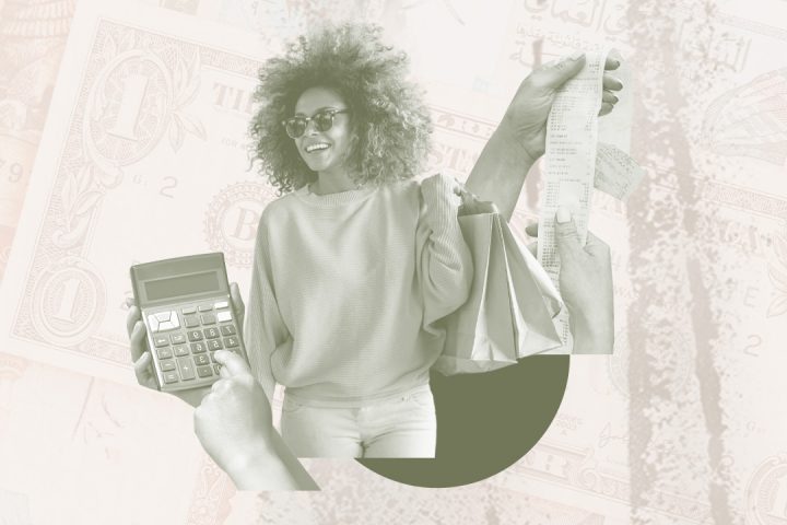 Woman enjoying shopping purchases, calculating finances