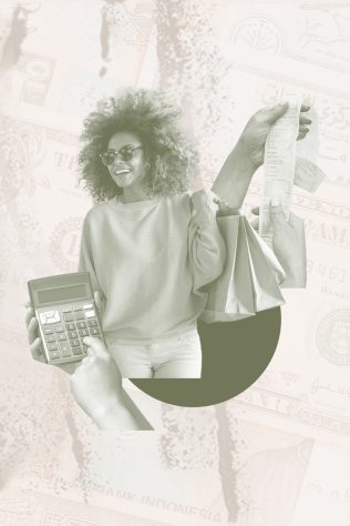 Woman enjoying shopping purchases, calculating finances