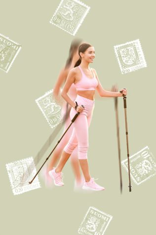 Woman using walking sticks for nordic walking