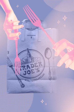trader joes bag, hand with fork